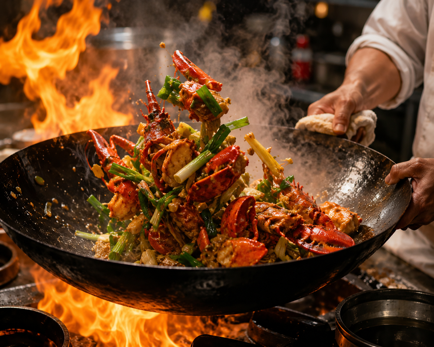 In-store chef cooking live lobster in wok